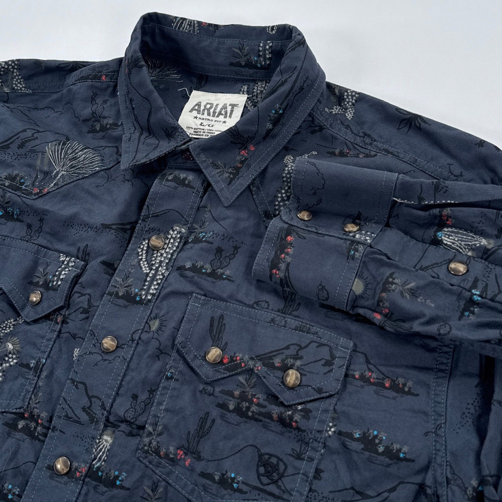 Ariat Mens Shirt L Navy Blue Cactus Desert Print Retro Fit Western Button Down